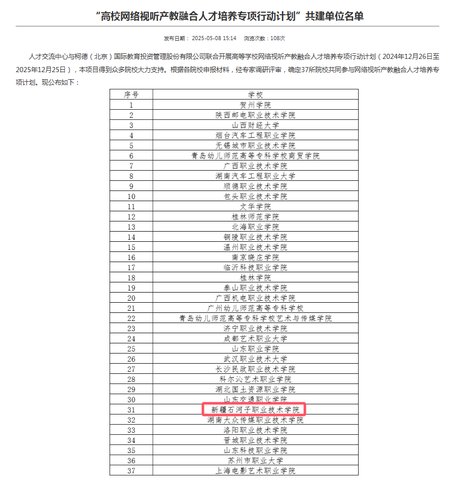 喜讯！新疆石河子职业技术学院成功入选“高校网络视听产教融合人才培养专项行动计划” 共建单位